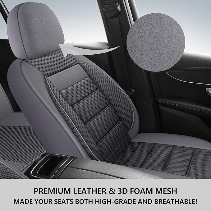 Leather 3D Foam Back Support Car Seat Covers Full Set Air Mesh Automotive Seat Covers, All Season Car Seat Cover Fit Automotive,SUV,Sedan,Van, Airbag Compatible Elegance (Grey)