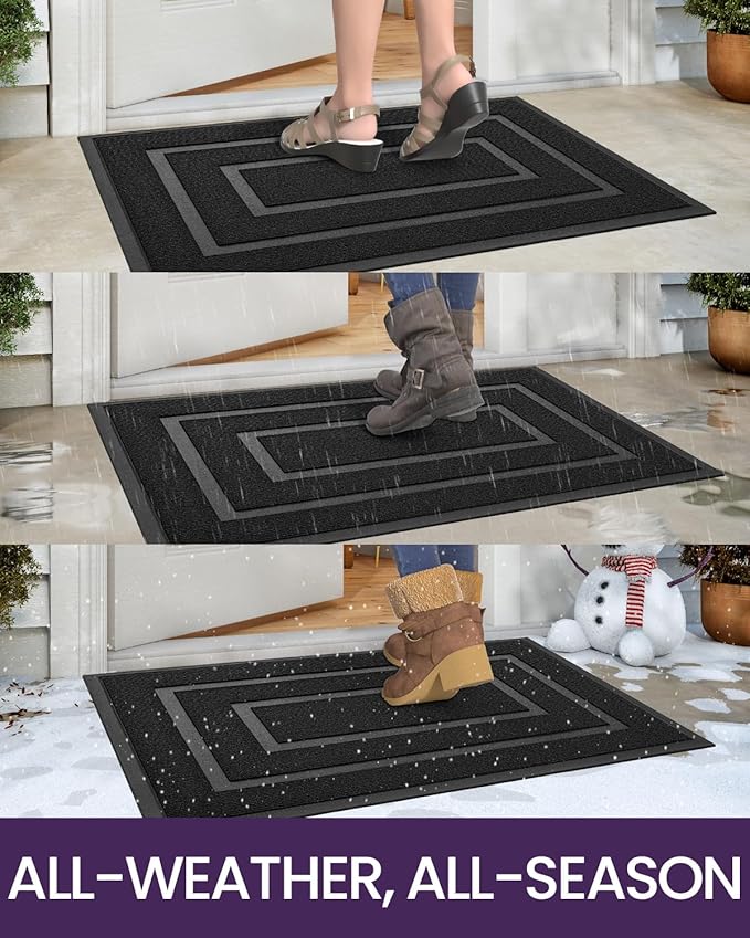 DEXI Front Door Mat Outside Entrance, Heavy Duty Rubber Backed Doormat, Stain and Fade Resistant, Low-Profile Easy Clean Entryway Floor Mats, 17x29, Rectangles Black