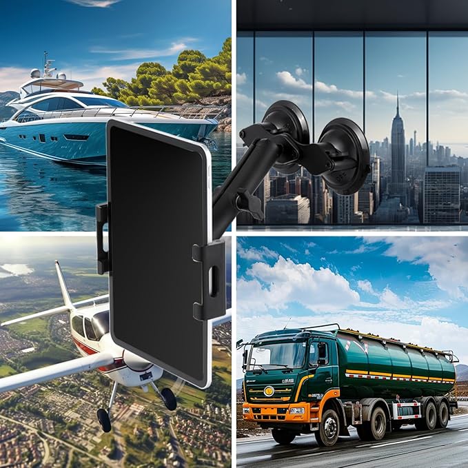 Pilots Tablet Holder with Strong Dual Suction Cups, Tablet Mount Base for Truck Car/Boat/Aircraft Windshield, Aluminum Tablets Stand Fits iPad Air 13" , iPad Pro 12.9" and other 4.7-15" Tablets