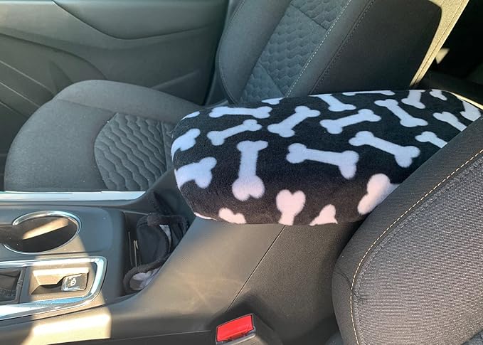 Auto Console Covers- Fits The Chevy Equinox 2018-2024 Center Console Armrest Cover Fleece Fabric (Black with White Bones)