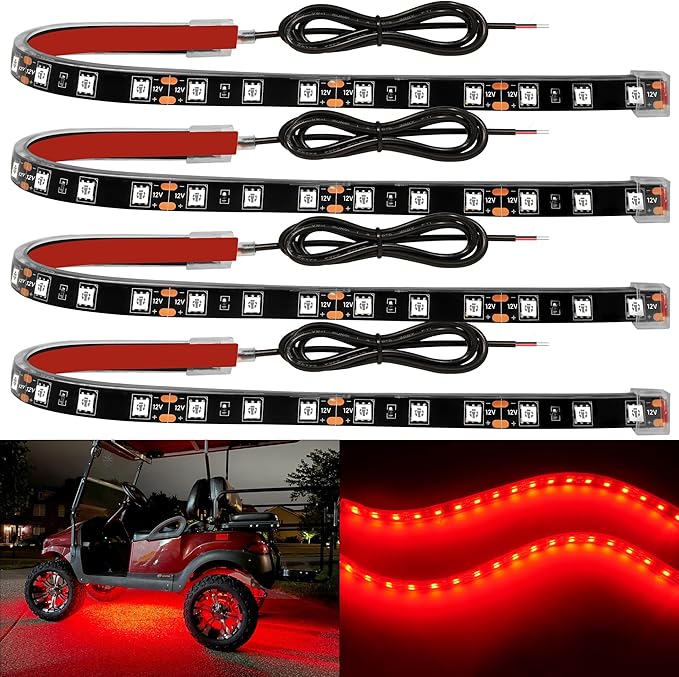 YM E-Bright 4Pcs Led Strip Lights for Car, 12inch Waterproof IP68 Car Underglow Strip Lights Decoration 18SMD 12V Led Interior Exterior Lights Strip for Cars Motorcycles Truck Golf Cart Boat - Red