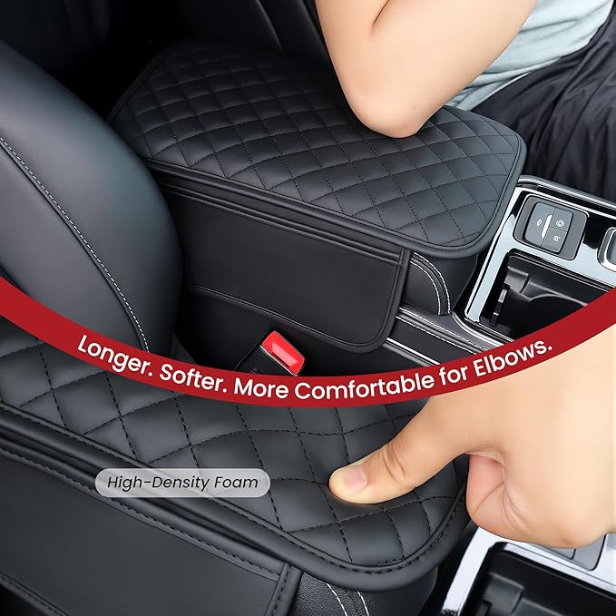 DS Extended Car Center Console Cover with 2 Storage, Microfiber Leather Car Armrest Cover Cushion for SUV Truck, Universal Car Accessories Memory Foam Comfort Stylish Leather Design (Black Longer)