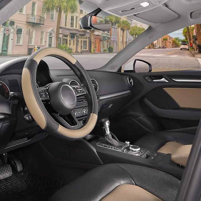 SEG Direct Car Steering Wheel Cover for Prius Civic Model 3 Model Y Camaro, Small Size 14-14.25 inch, Black and Beige Microfiber Leather