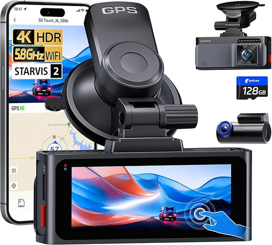 Pelsee S3 Touch 4K Dash Cam Front and Rear, STARVIS 2 Sensor, STARLIT™ Full Color Night Vision, 128GB Card, WiFi 6, ADAS, Dash Camera for Cars with 3.39"IPS Screen, Voice Control, 24H Parking Mode GPS