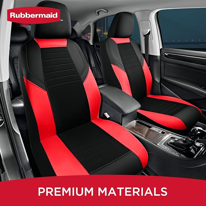 Rubbermaid Car Seat Cover, Leather & Air-Cool Mesh Front Seat Cover, Airbag Compatible, Slip-On Installation, Automotive Seat Cover Universal Fit for Most Cars, Trucks, SUVs-Red