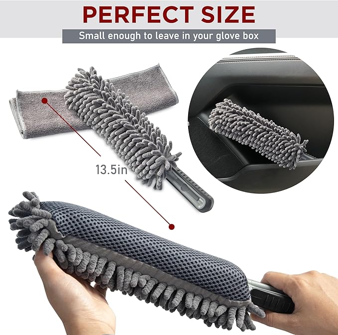 TAKAVU Car Duster Interior - Double-Sided Microfiber with Comfort Handle - Lint & Scratch-Free Cleaning for Cars, Trucks, RVs (Includes Towel & Storage Bag)
