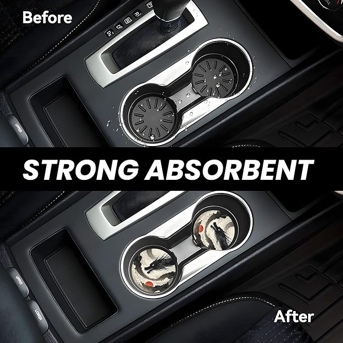 Absorbent Car Coasters for Cup Holders, 2 Pack Universal Anti Slip Ceramic Cup Coaster for Women Men 2.56 Inch Car Interior Accessories - Black Dragon 016