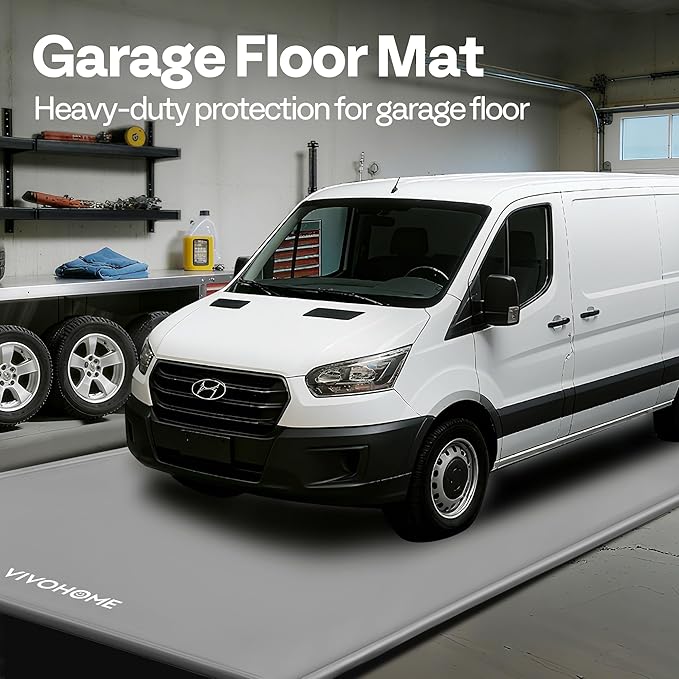 VIVOHOME Containment Mat (8'6" x 20') with Stay Put Corner, PVC Garage Floor Mats, Heavy Duty Garage Parking Mat with a Squeegee, Gray