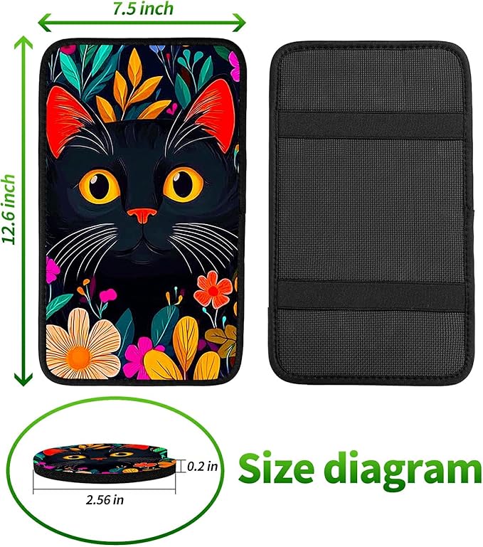 Universal Auto Center Console Pad and 2Pcs Car Coasters Set, Anti Slip Soft Neoprene Car Armrest Seat Box Cover Protector for Most Vehicle - Car Interior Accessories, Wildflower Black Cat