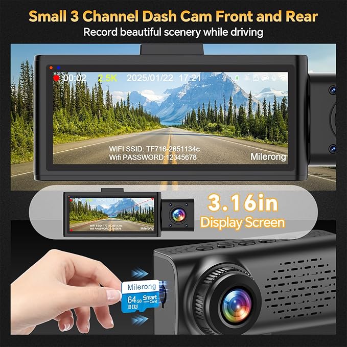 3 Channel 4K Dash Cam Front Rear and Inside with 5G WiFi & APP Control, 4K/2.5K+1080P+1080P Dashcam for Car, Dash Camera with 64GB Card, 24H Parking Monitor, Night Vision, Loop Recording, G-Sensor