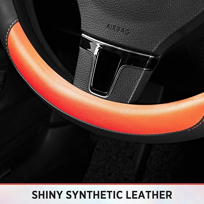Road Comforts Steering Wheel Cover – Breathable Leather Steering Wheel Cover, Anti-Slip Grip, Universal Fit 14.5” to 15”, Heat & Cold Resistant for Cars, SUVs, and Trucks – Black & Shining Orange