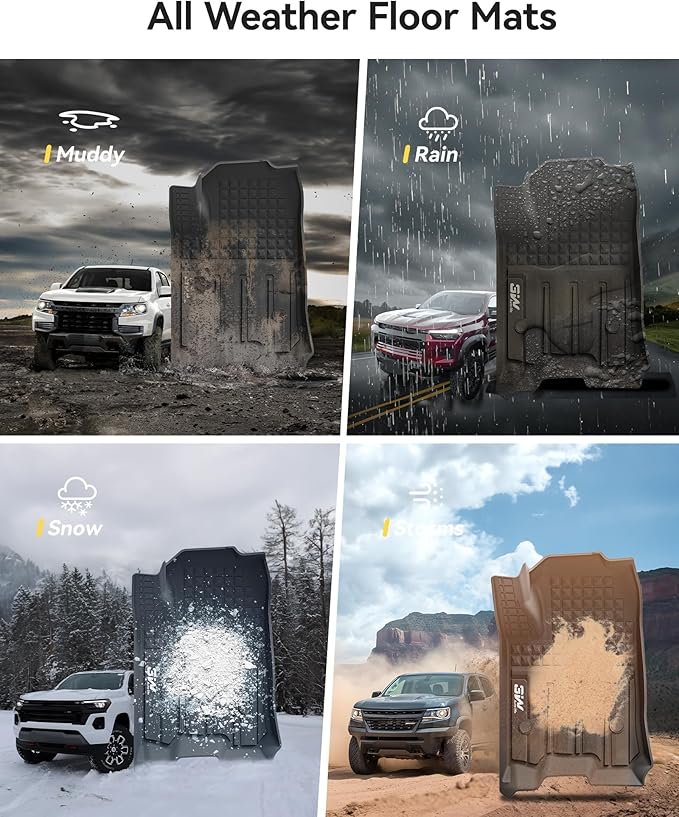 3W Floor Mats for Chevrolet Chevy Colorado/GMC Canyon Crew Cab 2023-2025 2026, All Weather TPE Custom Fit Floor Mats for Cars, 1st and 2nd Row Car Floor Mats, Black