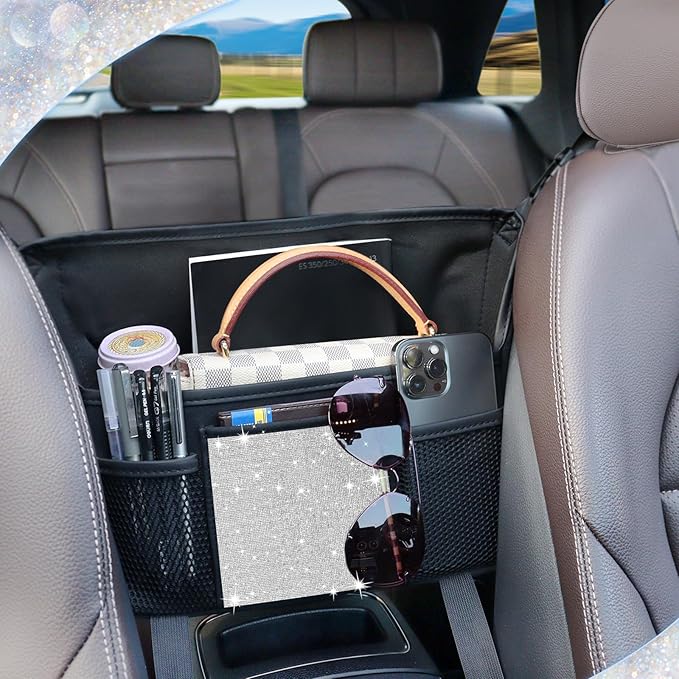 White Diamand Car Handbag Holder Between Seats Bling Crystal Car Storage Bag Large Capacity Purse Phone Ipad Automotive Consoles Organizer Safe Barrier of Backseat Pet Kids