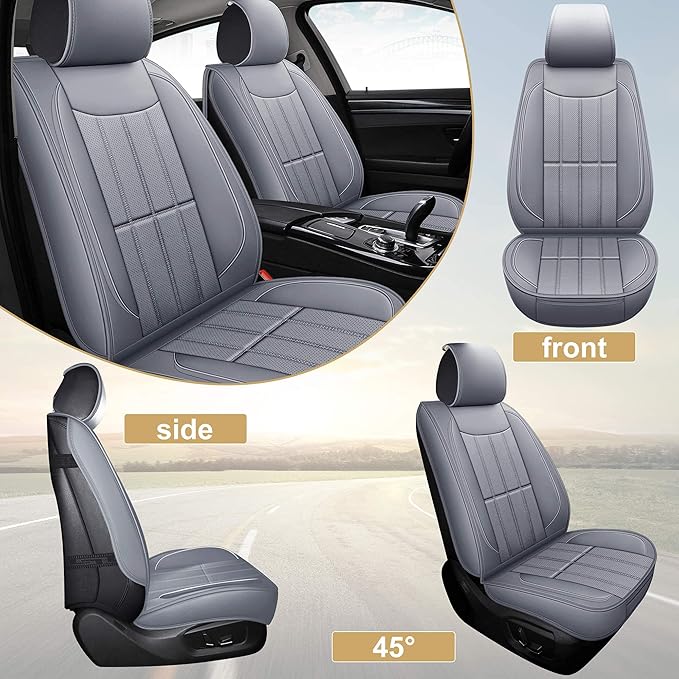 AOOG Leather Car Seat Covers, Leatherette Automotive Vehicle Cover for Cars SUV Pick-up Truck, Universal Non-Slip Vehicle Cover Waterproof Interior Accessories, Full Set, Gray