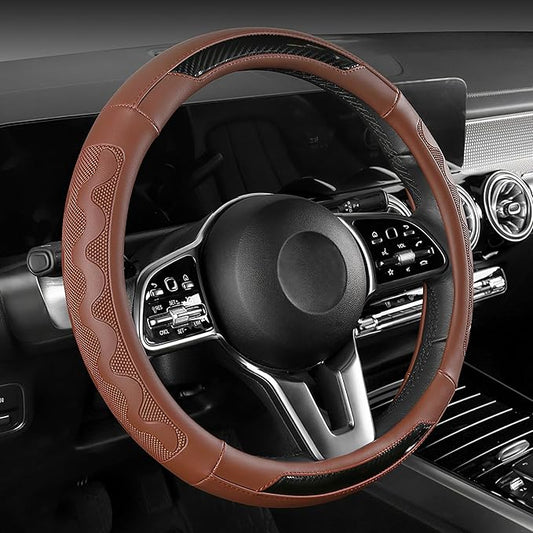 SEG Direct Car Steering Wheel Cover Medium Size 14 1/2"-15" Embossed Microfiber Leather with Carbon Fiber Pattern Brown