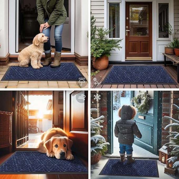 Smiry Front Door Mat Outside Entrance, Heavy Duty Sturdy Natural Rubber Doormat, Trap Dirt and Moisture, Easy Clean Low Profile Mats for Indoor Outdoor Entry, Grid Geometric (47x24, Navy Blue)