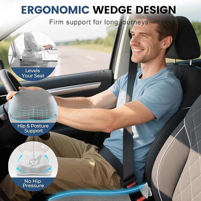 Wedge Car Seat Cushion, Office Chair Cushion, Memory Foam Truck Seat Cushion for Sciatica Tailbone Pain Relief, Long Driving, Coccyx, Back Support