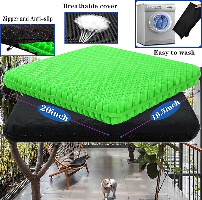 Plus Size Gel Seat Cushion, Extra Large and Thick, Seat Cushion for Pressure Relief for Back, Hip, Sciatica, Tailbone Pain, Used for Office, Wheelchair, Car, Truck, Recliner, Stadium.(Green)