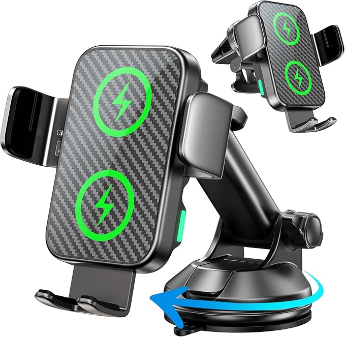 Dual Coil 15W Car Phone Holder Wireless Car Charger -Auto Clamping- Charging Phone Holders for Your Car Dash Vent Windshield, for Flip S25/S24/S23/S22, iPhone 17/16/15/14