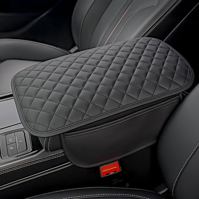 DS Extended Car Center Console Cover with 2 Storage, Microfiber Leather Car Armrest Cover Cushion for SUV Truck, Universal Car Accessories Memory Foam Comfort Stylish Leather Design (Black Longer)