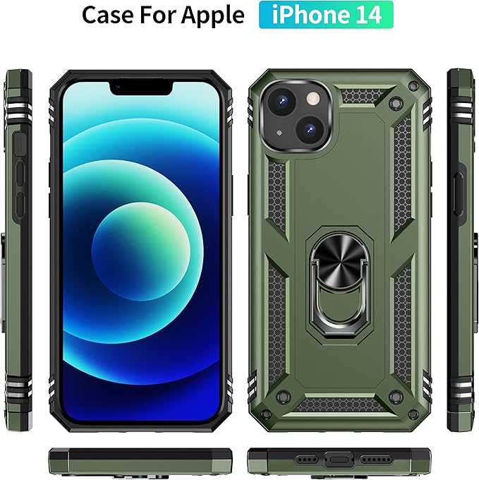 IKAZZ for iPhone 13 Case 6.1 Inch with Screen Protector,Military Grade Shockproof Heavy Duty Protective Phone Cover Pass 16ft Drop Test with Magnetic Kickstand Car Mount Holder,Pine Green