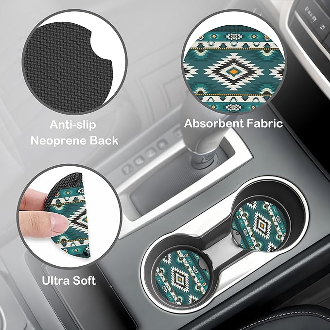 Green Tribal Geometric Steering Wheel Cover for Women, Anti-Slip Car Steering Wheel Cover with 2 Pcs Cup Holders Neoprene Breathable Car Accessories Universal 15 Inch Auto Interior Decor