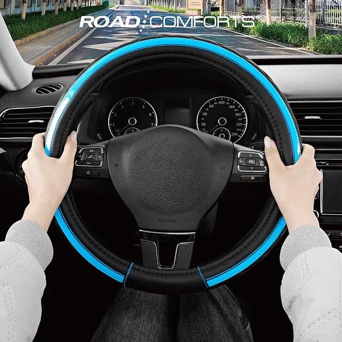 Road Comforts Leather Steering Wheel Cover – Black & Blue, Universal Fit 14.5-15 Inch, Microfiber Leather, Anti-Slip & Breathable Design for Men and Women