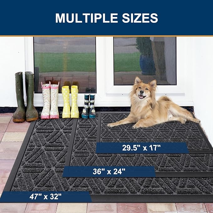Smiry Front Door Mat Outside Entrance, Heavy Duty Sturdy Natural Rubber Doormat, Trap Dirt and Moisture, Easy Clean Low Profile Mats for Indoor Outdoor Entry, Grid Geometric (59x24, Grey)