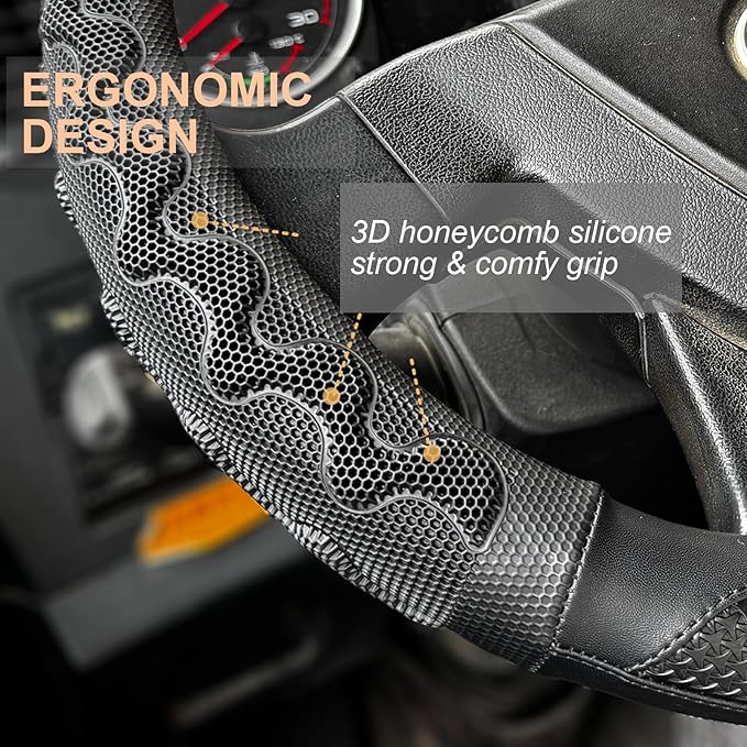 PINCTROT XL Size 17.5-18 Inch Great Grip Steering Wheel Cover for Semi Truck, Fits RV, Big Rig Trucker, 18 Wheeler and Classic Cars, Anti-Slip Design 17.5-18 Inch (All Black)