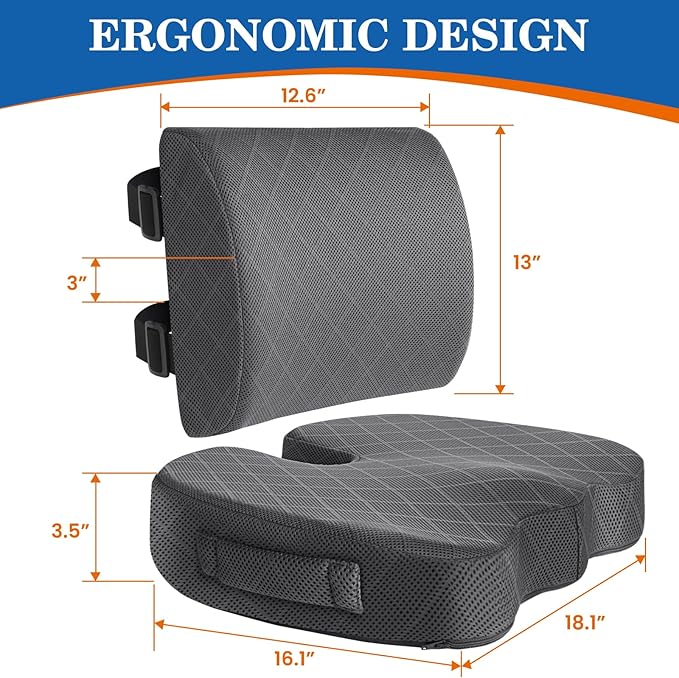 TushGuard Back&Seat Cushion, Car Seat Office Chair Cushions, Memory Foam Lumbar Back Support Pillow, Portable Airplane Seat Cushion for Travel, Computer Desk, Wheelchair, Driving (Grey, X-Large)