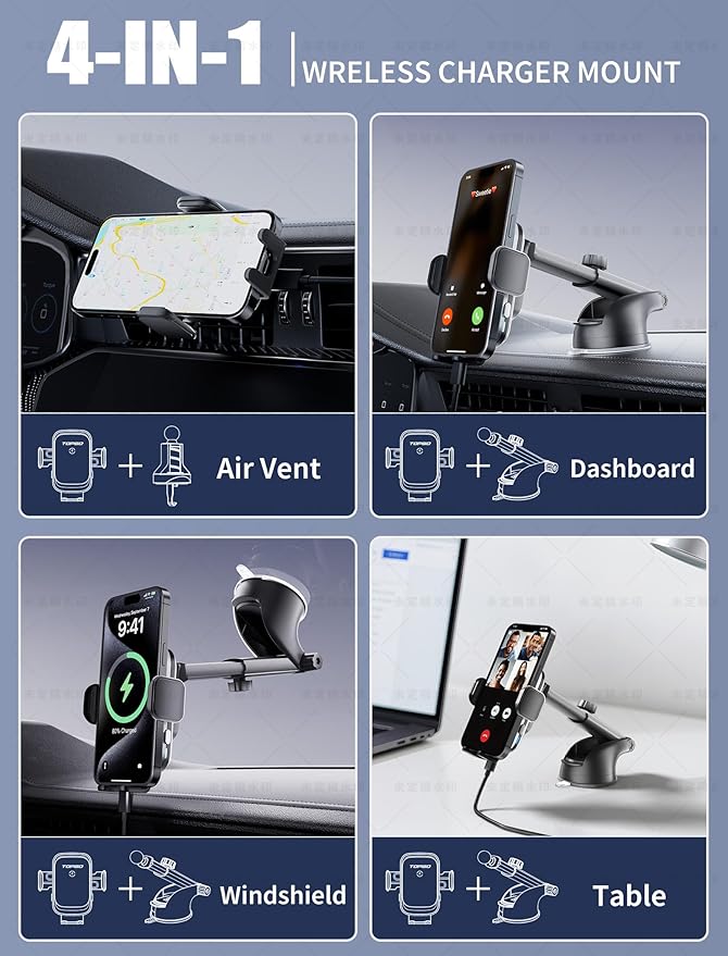 TOPGO Dashboard Wireless Car Charger, Universal Cell Phone Holder, Wireless Charger Phone Holder, 15W Fast Charging for iPhone 17 Pro Max, Samsung Galaxy - Black