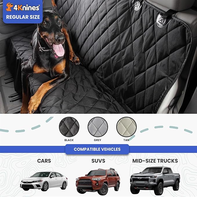 4Knines Back Seat Pet Cover for Dogs w/o Hammock – 54" Wide, Waterproof Car Seat Cover, Non-Slip, Heavy-Duty – Fits Cars, SUVs, Small Trucks – 2 Seat Belt & Latch Access – Back Seat Protector (Beige)
