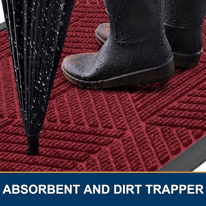 Smiry Front Door Mat Outside Entrance, Heavy Duty Sturdy Natural Rubber Doormat, Trap Dirt and Moisture, Easy Clean Low Profile Mats for Indoor Outdoor Entry, Irregular Triangle (47x32, Wine Red)