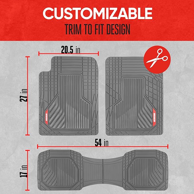 Motor Trend AdventureMax Car Floor Mats Full Set - Durable Rubber Floor Mats for Cars with Debris Capture Grooves, All Weather Interior Protection for Front and Rear with Non-Slip Backing, Gray