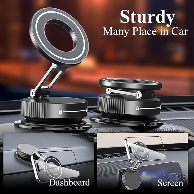 Vacuum Magnetic Phone Holder for Car,Full Metal Body,Vacuum Suction Phone Mount,Magsafe Car Mount for iPhone, Folding Holder for iPhone and Android