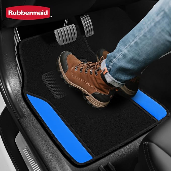 Rubbermaid Car Mats, Carpeted Floor Car Mat with Faux Leather & Built-in Heel Pad, Two-Tone Car Rug Floor Mats, Stylish Carpeted Floor Mats for Cars, Trucks & SUVs Blue Color