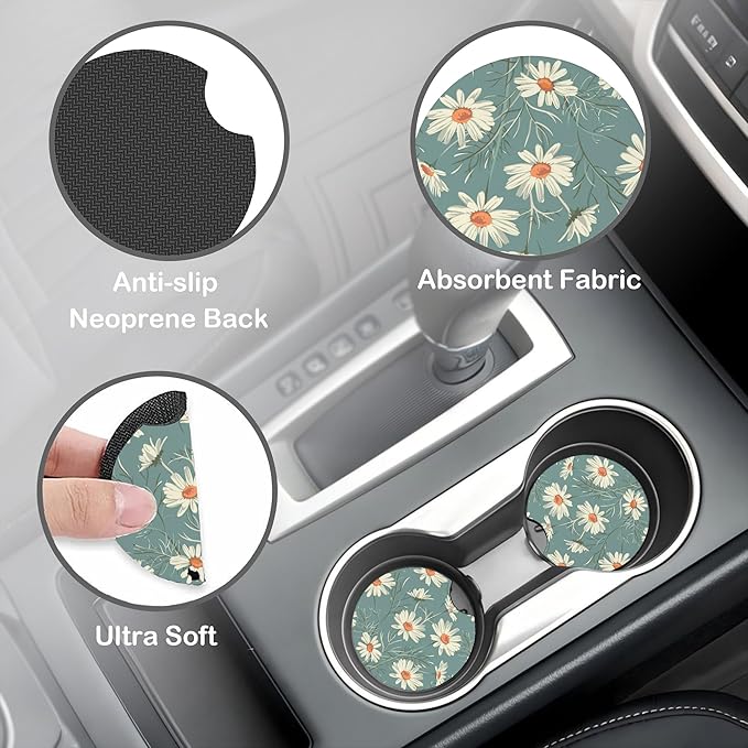 White Daisy Steering Wheel Cover with 2 Pcs Car Coasters Neoprene Steering Wheel Cover for Women Men Anti-Slip Breathable Car Accessories Universal 15 Inch Fit Auto Cars Trucks