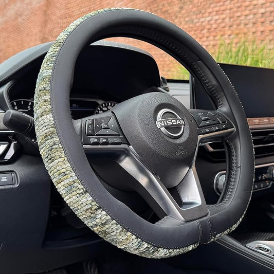 PINCTROT D Shaped Chenille Leather Steering Wheel Cover, Soft Mottled Colors, Sweat-Proof, Non-Slip Grip, All-Season Comfort, Flat Bottom 14.5-15 Inch(Mottled Green)