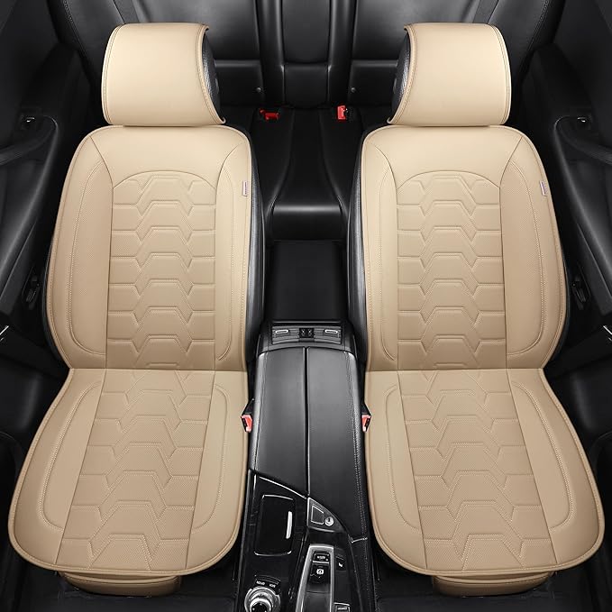 Leather car Seat Covers Breathable Car Seat Protector Front seat Covers Universal Fit for 95% Car Truck SUV Van Vehicles （Beige，2PCS）