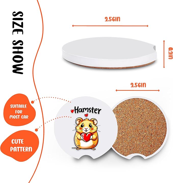 2 Pack Hamster Car Cup Holder Coaster, Cute Car Interior Accessories Drink Coaster for Women & Men, Hamster Lovers Themed Gifts Stuff Accessories Things Merchandise Items!