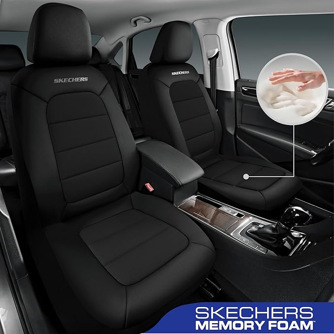 Skechers Memory Foam Car Seat Covers,Thick Cool Touch Fabric Seat Covers Front Seat Covers Airbag Compatible,Automotive Comfort Protection for Most Cars,Vans,Trucks,SUV,Black