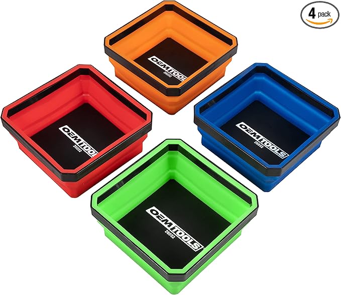 OEMTOOLS 26052 Foldable Magnetic Tray Set, Magnetic Tray for Mechanic's Small Parts, Sorting and Storage, Collapsible, 4-1/2" Square, 2 lb. Capacity, 4 Colors