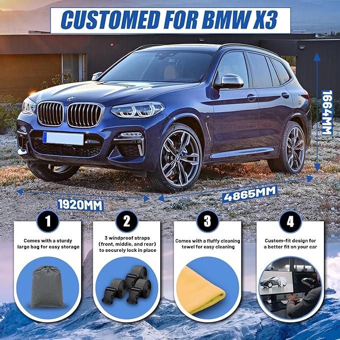 [2025 Upgrade] SUV Car Cover Custom Fit for BMW X3 (2007-2025), Waterproof All Weather for Automobiles Full Exterior Cover Rain Sun Snow UV Protector.