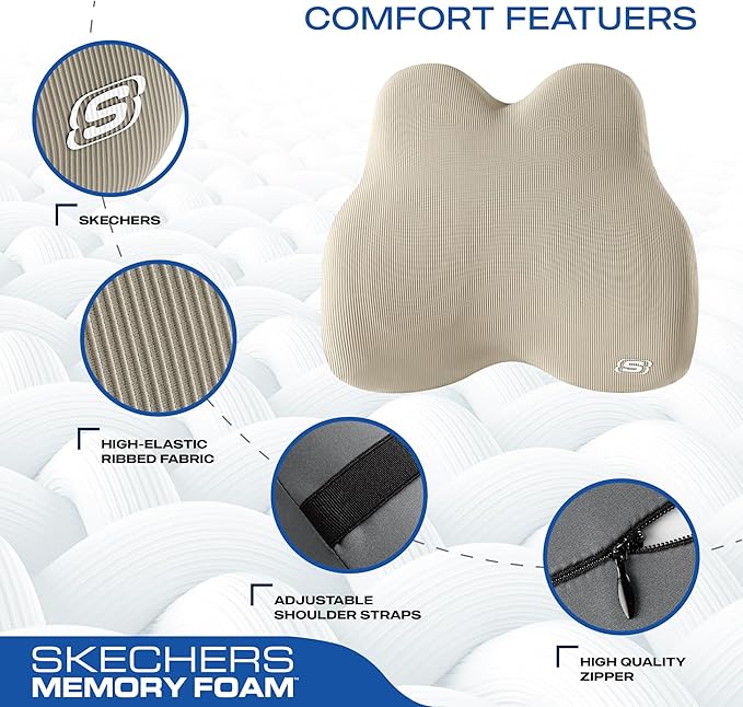 Skechers Memory Foam Lumbar Pillow,Lumbar Support Pillow for Office, Chair Lower Back Pain Relief Lumbar Pillow, Ergonomic Design Back Support Pillow for Office Chair, Car, Home, Travel,Beige
