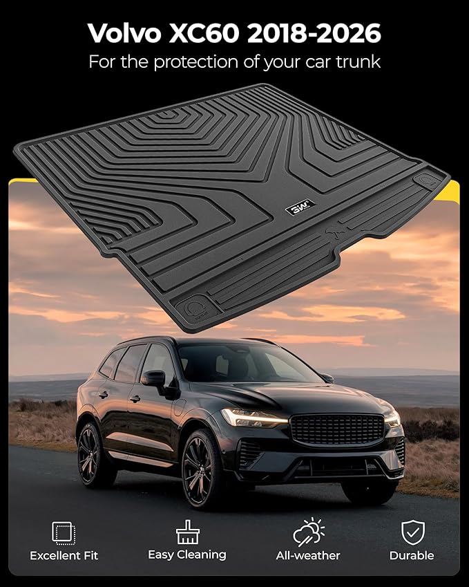 3W Cargo Liner Fit Volvo XC60 2018-2024 2025 2026 TPE All Weather Custom Fit Volvo XC60 Tunk Mat Accessories Black
