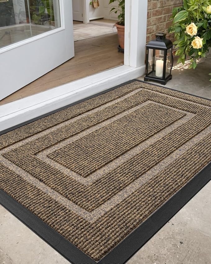DEXI Front Door Mat Outside Entrance, Heavy Duty Rubber Backed Doormat, Stain and Fade Resistant, Low-Profile Easy Clean Entryway Floor Mats, 4x2, Rectangles Brown