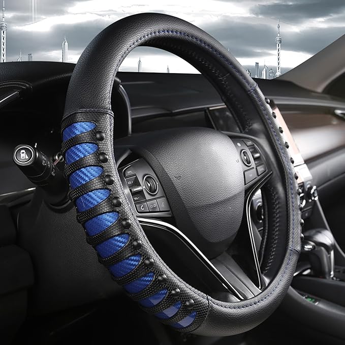 West Llama Microfiber Leather Car Steering Wheel Cover for Men Women,Universal Fit 15.5-16 inch(Leather Nails-Blue+Black-Large Size)