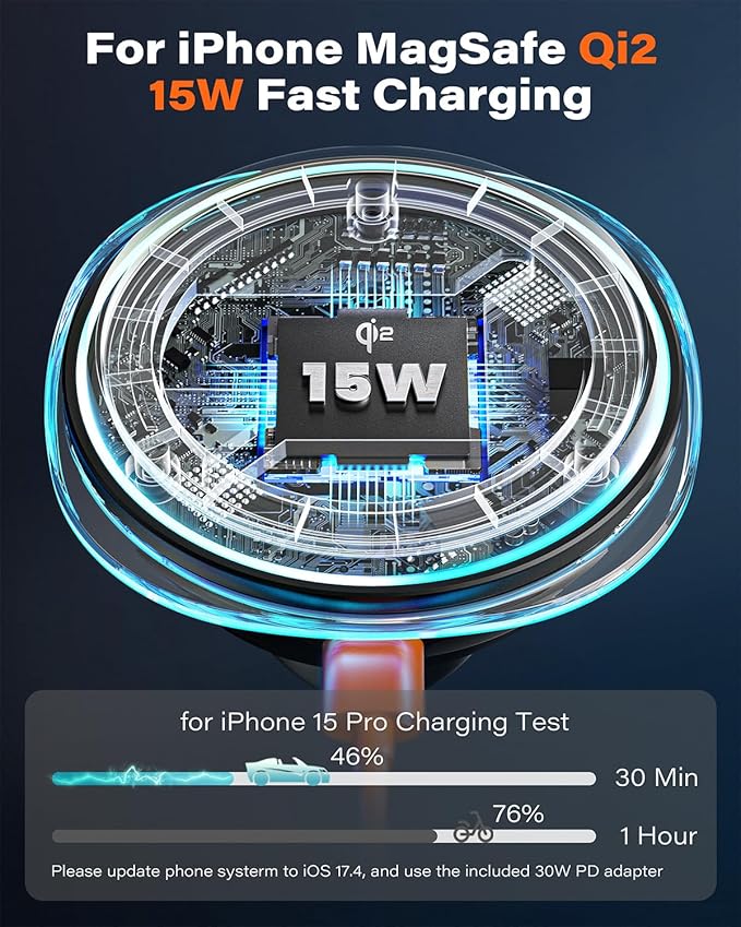 A2C for Qi2 15W MagSafe Car Mount Charger, Magnetic Car Phone Holder Windshield Dashboard [Semiconductor Cooler, PD 30W Adapter, 10.6cm Gooseneck] Fast Charging Wireless Car Charger for iPhone Only