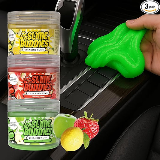 Slime Buddies Cleaning Slime | (3 Pack) 1 Lemon, 1 Apple, 1 Strawberry Scented Car Cleaning Gel | Car Interior, Cup Holder, & Keyboard Detailing Tool | Reusable Putty for Loose Dust & Dirt