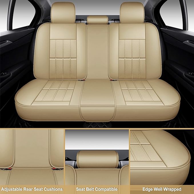 AOOG Leather Car Seat Covers for Cars SUV Pick-up Truck, Universal Full Set, Beige